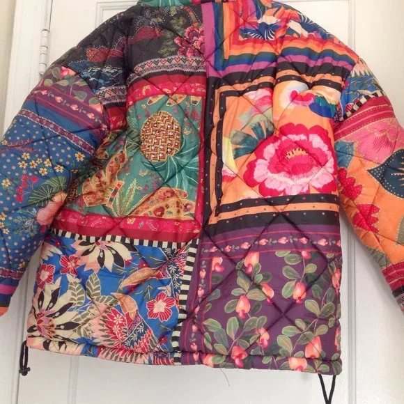 FARM Rio Mixed Scarves Reversible Puffer Jacket Patchwork Dopamine - Picture 13 of 14